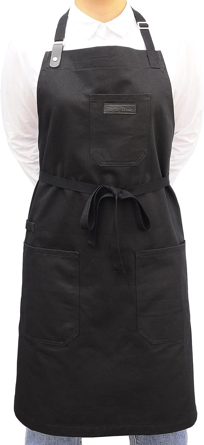 Black Cotton Kitchen Apron, Mens Womens Professional Cooking Bib Apron for Chef Grill BBQ, with Pockets Towel Loop and Adjustable Neck Strap