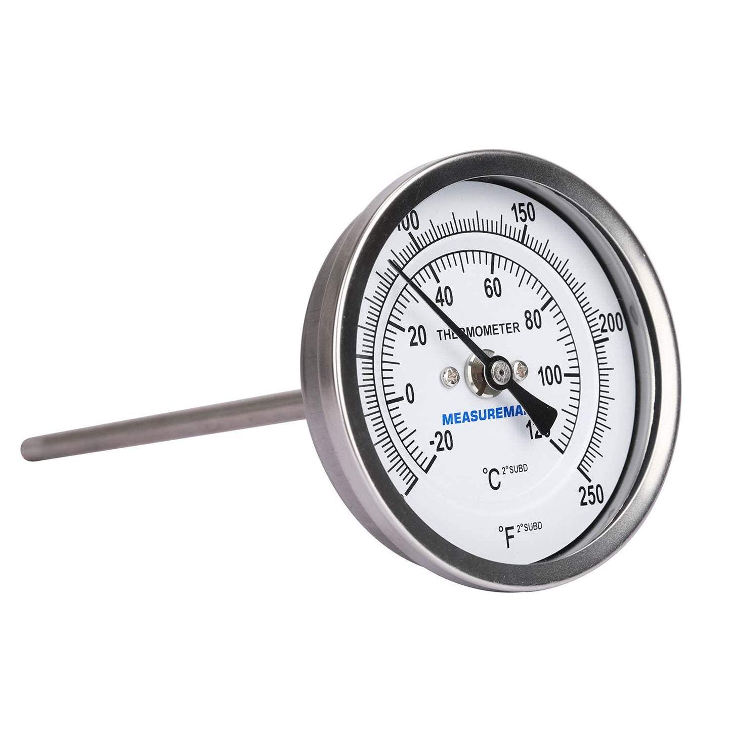 MEASUREMAN Fully Stainless Steel Pot, Kettle, Brewing Bimetal Dial Thermometer, 3" Dial, 6" Stem, 0-250 deg F/-20-120 deg C, -1% Accuracy, Adjustable, 1/2" NPT Back Mount