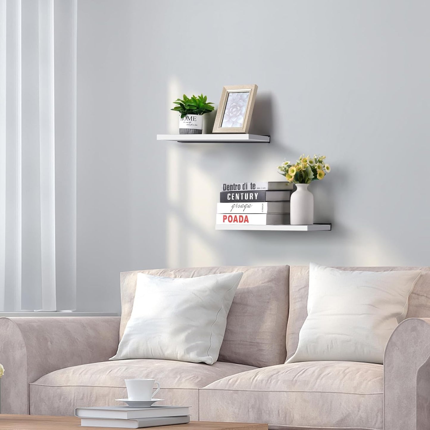 Meangood Floating Shelves White 17 inch Wall Mounted Natural Bamboo Wood Wall Storage Shelves for Bedroom,Living Room,Bathroom, Kitchen（Set of 2）