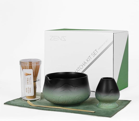 ZENS Matcha Whisk Set, 15oz Ceramic Matcha Set with Bowl and Bamboo Whisk, Scoop, (Chasen Holder) -Tea Towel, 5pcs Matcha Kit for Matcha Lovers, Sage Green