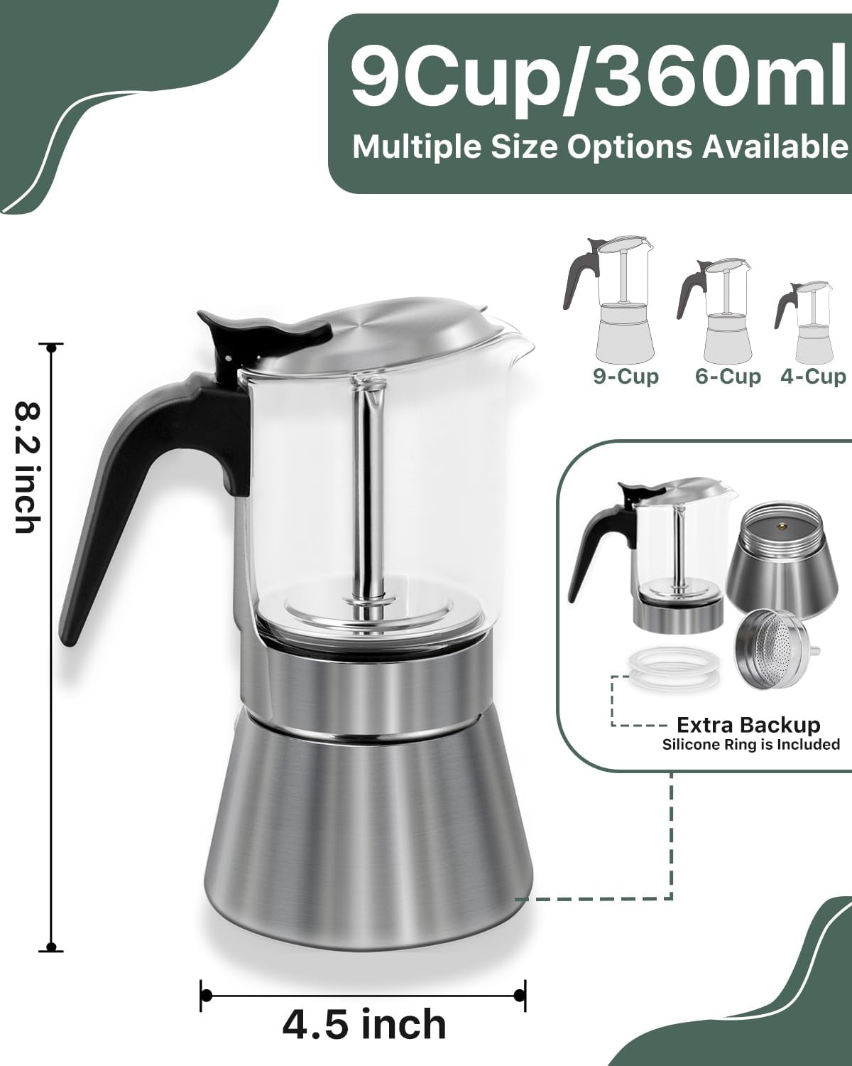 Grasseed Stainless Steel Moka Pot, Crystal Glass-top Coffee Maker Mocha Pot, Italian Stovetop Espresso Maker for Coffee - 9 Cup/360ml