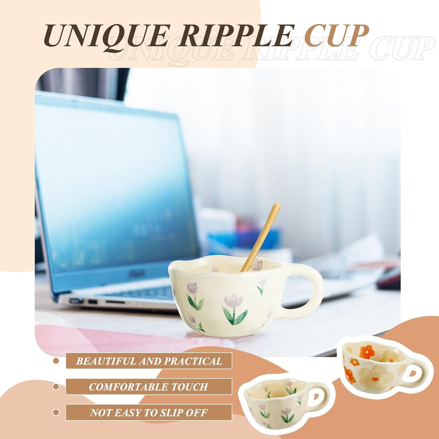 Vesici 2 Pcs Ceramic Coffee Mugs Flower Cups with Spoon Vintage Floral Mugs with Handle 8.5 oz Aesthetic Tea Porcelain Cup Gift for Valentine Office Home, Dishwasher and Microwave Safe(Charming)