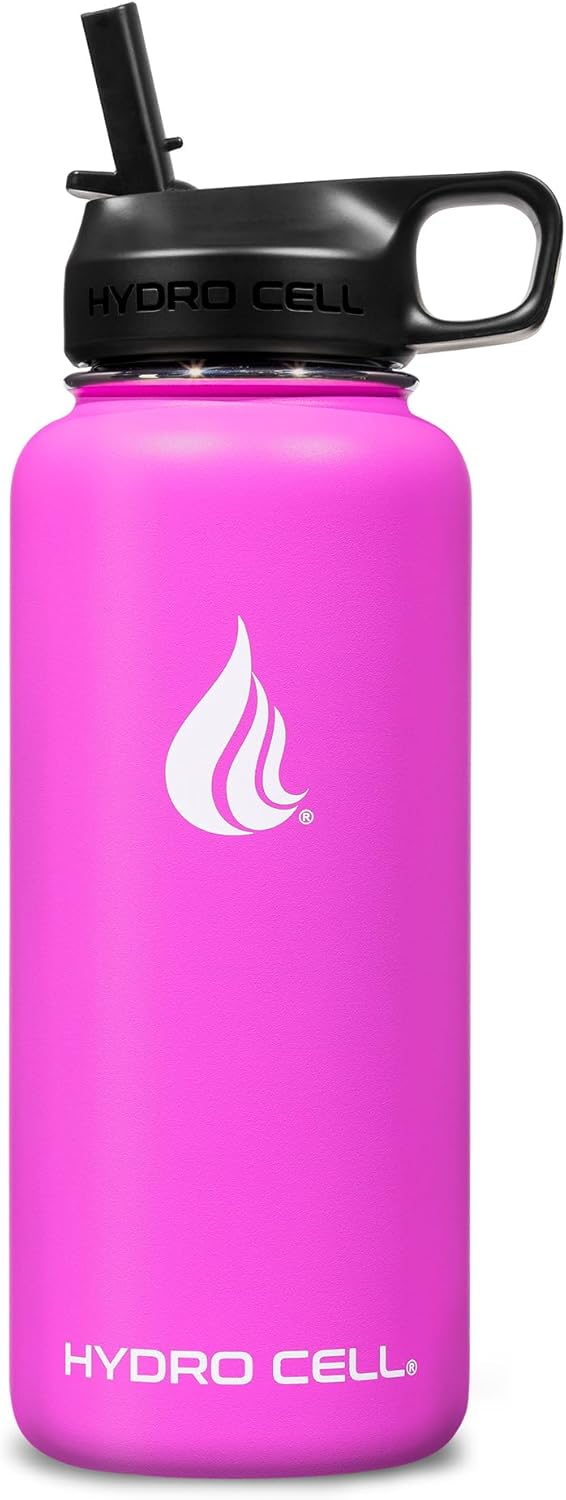 HYDRO CELL Stainless Steel Insulated Water Bottle with Straw - For Cold & Hot Drinks - Metal Vacuum Flask with Screw Cap and Modern Leakproof Sport Thermos for Adults (Fuchsia 32oz)