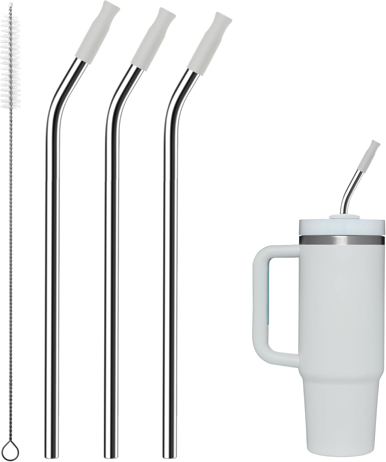 Reusable Stainless Steel Straws with Silicone Tip for Stanley 30oz, Metal Drinking Straws for 30oz Tumbler,3 Bent Tubes & 6 Tips& 1 Cleanr Brush (Ash)