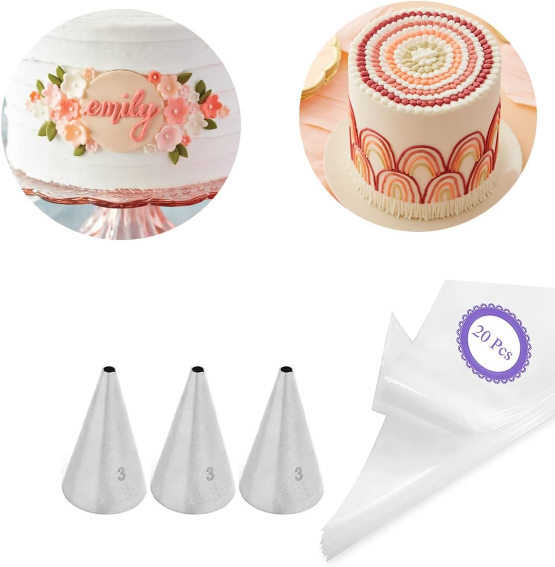 #3 Icing Tip and Bag Set – 3 Round Decorating Tips & 20 Disposable 8-Inch Piping Bags for Outlines, Dots, Writing & Detail Work