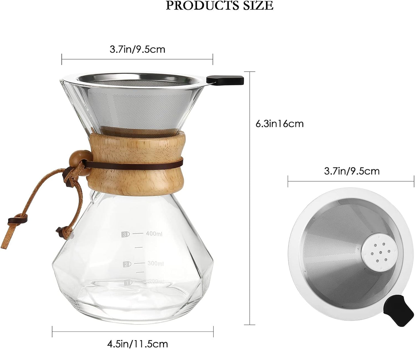 Pour Over Coffee Maker with Stainless Steel Filter, Borosilicate Glass Coffee Carafe, Modern Wooden Collar, Coffee Maker Carafe, Hold 2 Cups, 400 ml/13.5 oz, Clear