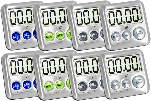 Elegant Digital Kitchen Timer Stainless Steel - Variety 8 Pack - Strong Magnet - Loud Alarm - Large Display - Auto Memory - Auto Shut-Off - (2 Each Silver, Lime, Plumberry, Charcoal 8-Pack)