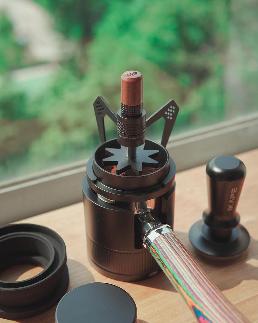 IKAPE Mantis WDT Distribution Tool with Clean Brush, 58.5mm Espresso Stirrer Distribution Tool for Barista, 8 Needle Espresso Stirrer with Dosing Funnel &Stand, Adjustable Needle Height, Walnut Handle