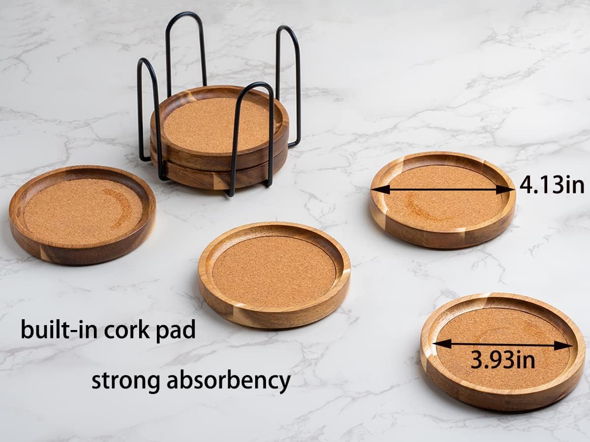 Coasters for Drinks Absorbent with Holder, Acacia Wood Cork Coaster for Coffee Table Wooden Table Coaster for Farmhouse Desk Extra Large Coasters, Set of 6