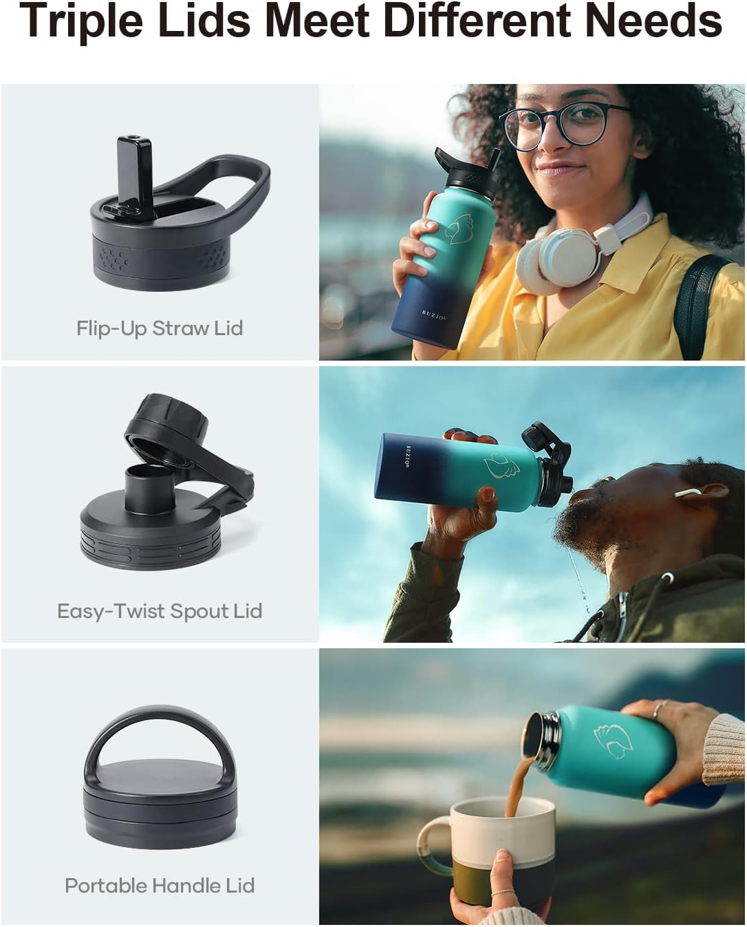 BUZIO 32 oz Water Bottle Insulated with Straw & 3 lid and Carrying Pouch, Leak Proof Anti-Slip Stainless Steel Water Flask Jug, Cold for 48 Hrs Double Vacuum Thermo Canteen, BPA-Free, Caribbean Blue