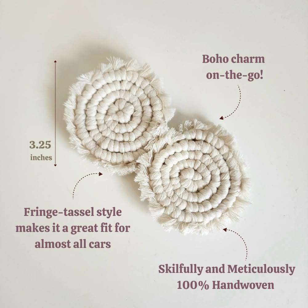 Cotton Car Coasters for Cup Holders, 2PC Car Cup Coasters, Drink Coaster Holder, Cute cupholder Coaster Accessories for Women, Macrame, Boho (Vanilla White)