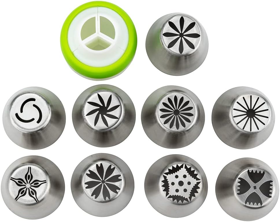 Restaurantware Pastry Tek Russian Piping Tips Set 20 Piece Durable Cake Decorating Kit - 9 Piping Tips 10 Piping Bags Stainless Steel Piping Bags And Tips Set 1 Tri-Color Coupler