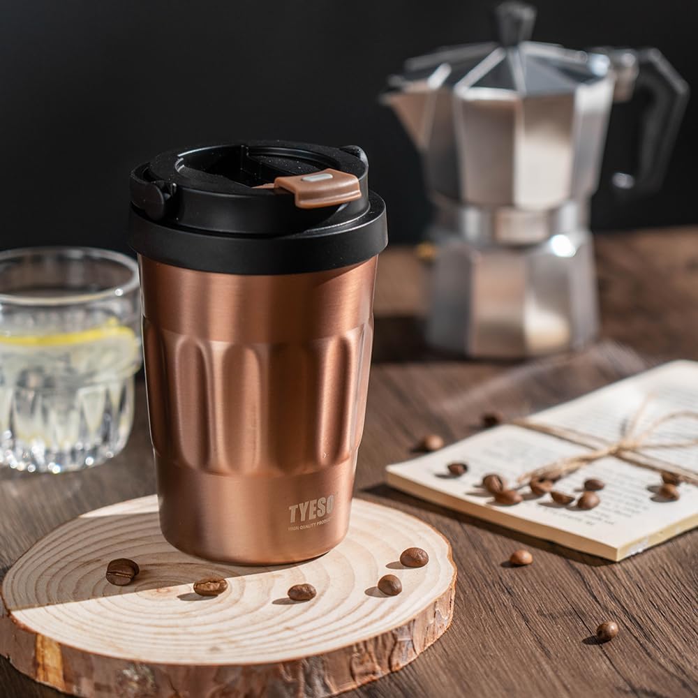 TYESO Stainless Steel Portable Tumbler with Flip Lid,Travel Mug with Concealed Carry Handle, Leakproof Insulated Coffee Cup (ROSE GOLD, 17 OZ)