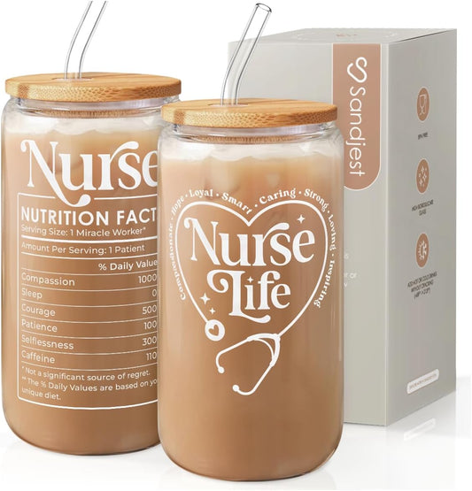SANDJEST Nurse Life Glass Can Cup with Lid & Straw, Iced Coffee Aesthetic Cups, Idea Gift for Christmas Birthday Mother Day Nurse Week, Gifts for Women Friends, 16oz