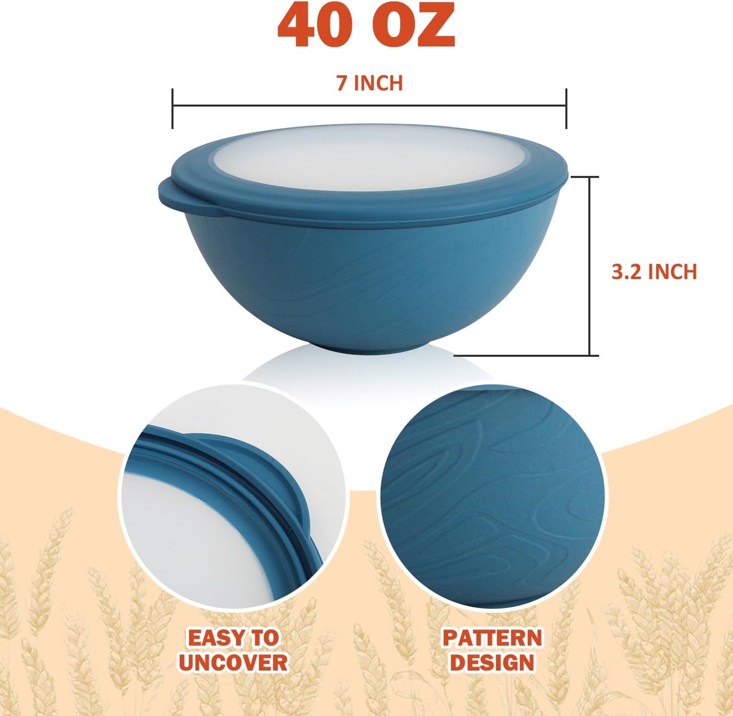wheat straw bowls with lids set of 4, 40oz cereal bowls with covers,unbreakable salad container for lunch, dishwasher safe bowl sets for kitchen. Blue