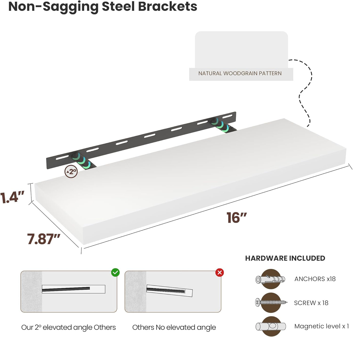 Vivelove Wooden Floating Shelves for Wall 16” x 8”x 1.4”, Bathroom Shelf Over The Toilet with Invisible Brackets, Unfinished Wall Shelves for LivingRoom, Kitchen, Bedroom, Home Decor, Set of 2 - White