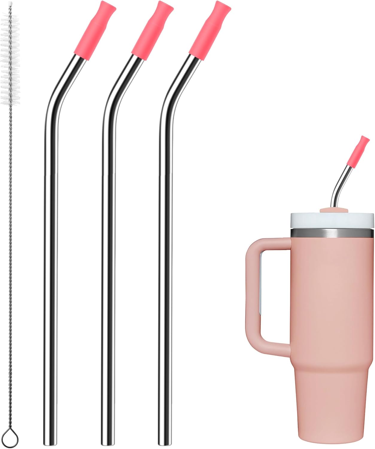 Metal Straws with Silicone Tip for 30 oz Tumbler, Reusable Stainless Steel Straws for Stanley 30 oz Tumbler,3 Bent Tubes & 6 Tips& 1 Cleanr Brush (Pink Dusk)