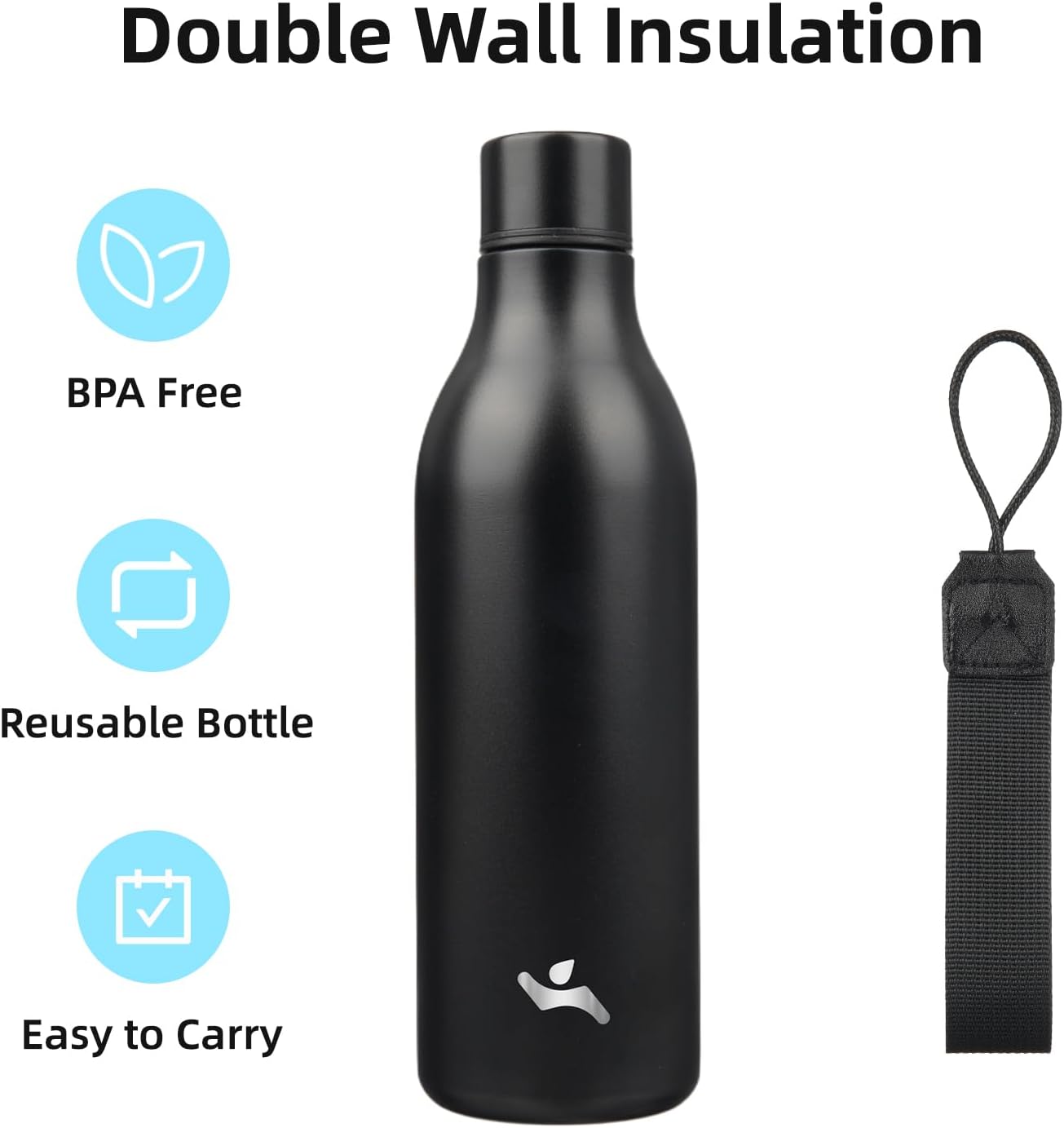 Insulated Water Bottle with Strap,25 oz Double Wall Stainless Steel Vacuum Bottles Metal Water Flask,Black