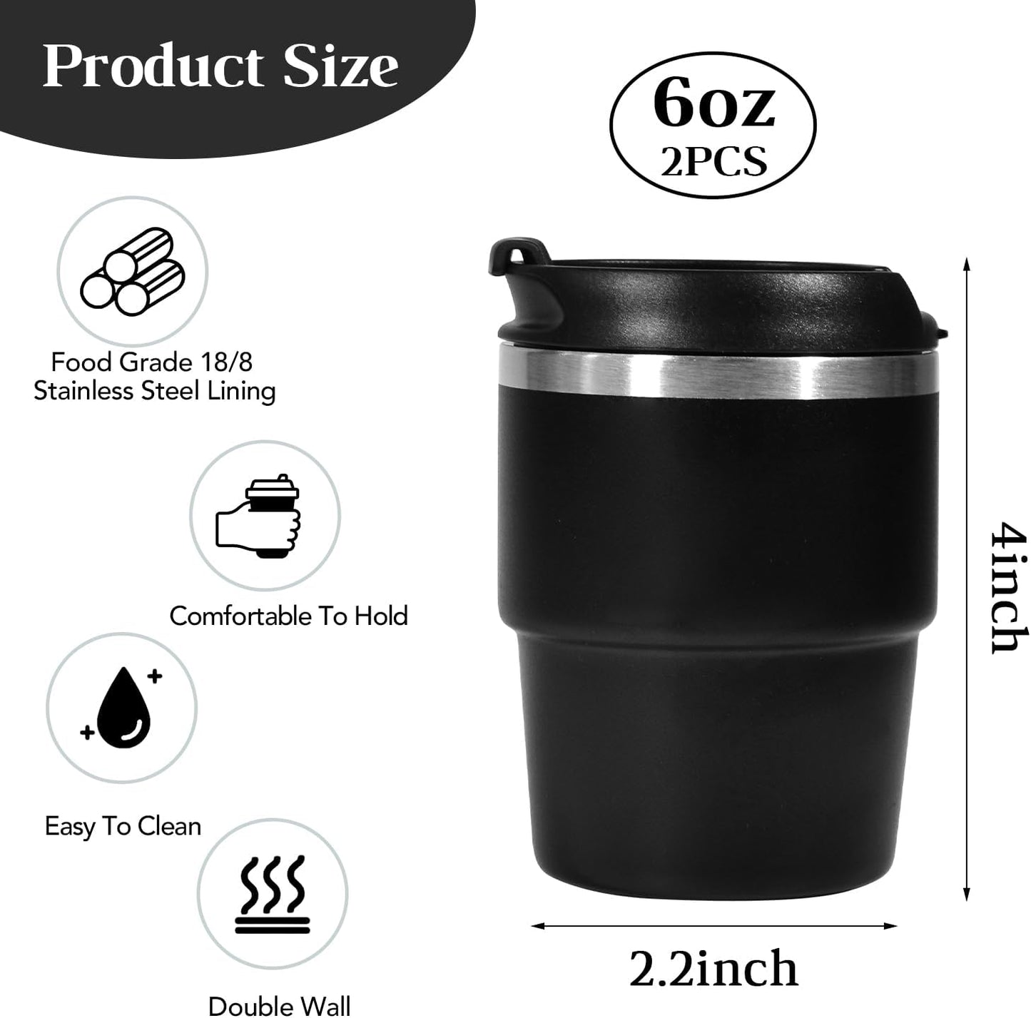 6oz Vacuum Insulated Espresso Cup Set of 2, Espresso Shot Cup for Coffee, Double Wall Stainless Steel Mini Tumbler Shot Glasses with Lid