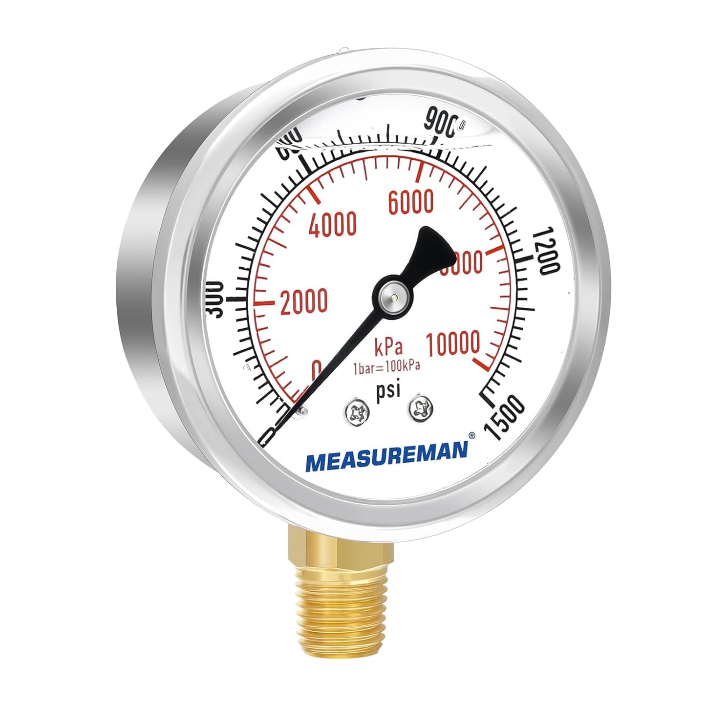 MEASUREMAN 2-1/2" Dial Size, Glycerin Filled Pressure Gauge, 0-1500psi/kpa, 304 Stainless Steel Case, 1/4" NPT Lower Mount