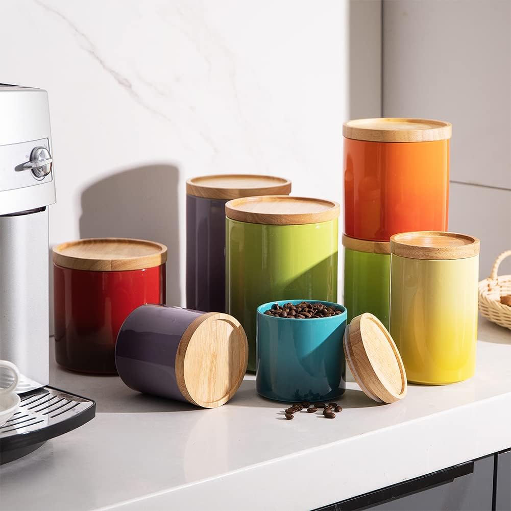 Sweejar Ceramic Food Storage Jar, Stackable Kitchen Canisters, Containers with Airtight Seal Wooden Lid for Serving Ground Coffee, Tea, Sugar, Salt and More - 16 Fl Oz (Gradient Orange)