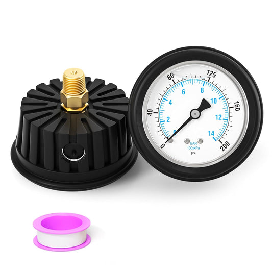 0-200PSI Stainless Steel Liquid Filled Pressure Gauge, 2.5" Dial Size, 1/4" NPT Back Mount, with Rubber Protective Sleeve, for Tube, Water Pump, Gas, Liquid, Pressure Test