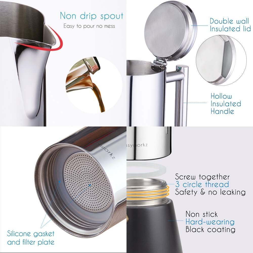 Easyworkz Diego Stovetop Espresso Maker Stainless Steel Italian Coffee Machine Maker 12Cup 17.5 oz Induction Moka Pot