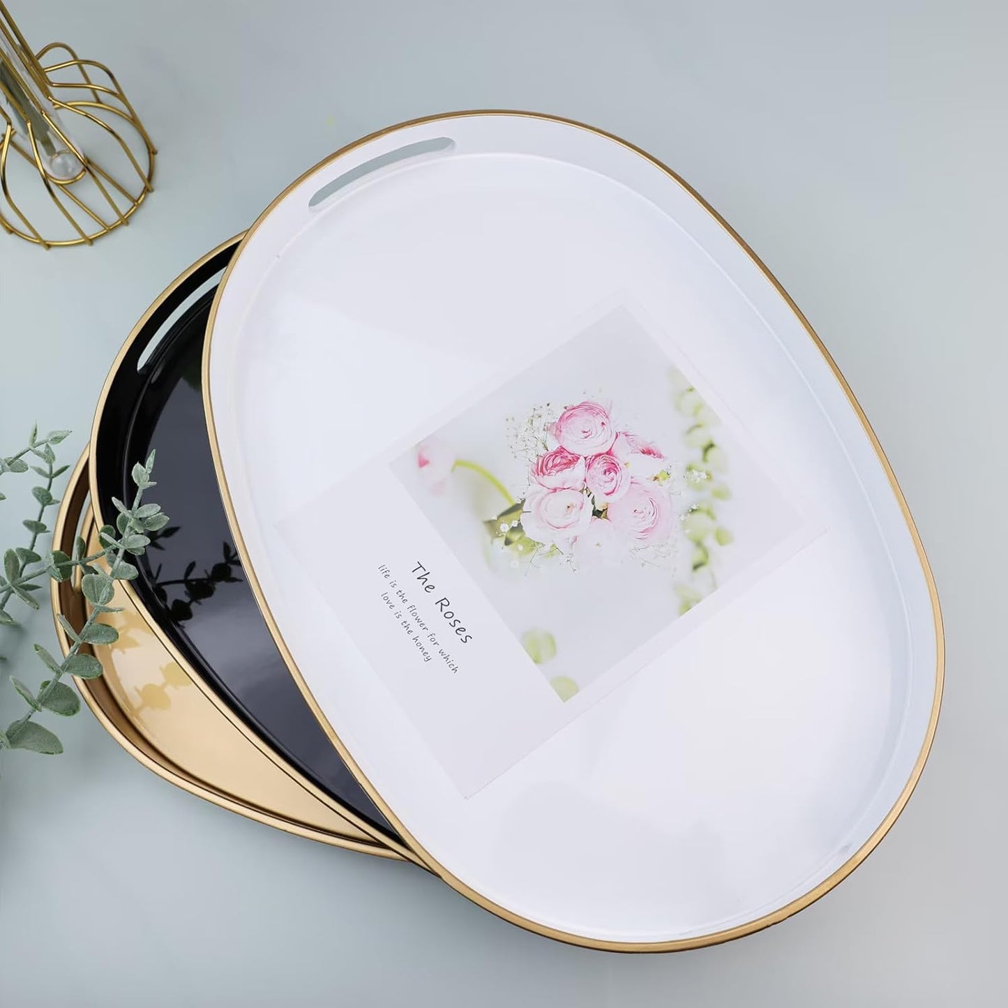 Pink Oval Decorative Tray with Handles, Versatile Serving Tray for Coffee Table, Ottoman, Ideal for Serving, Displaying, Organizing, 15.3"*10.6"*1.37"