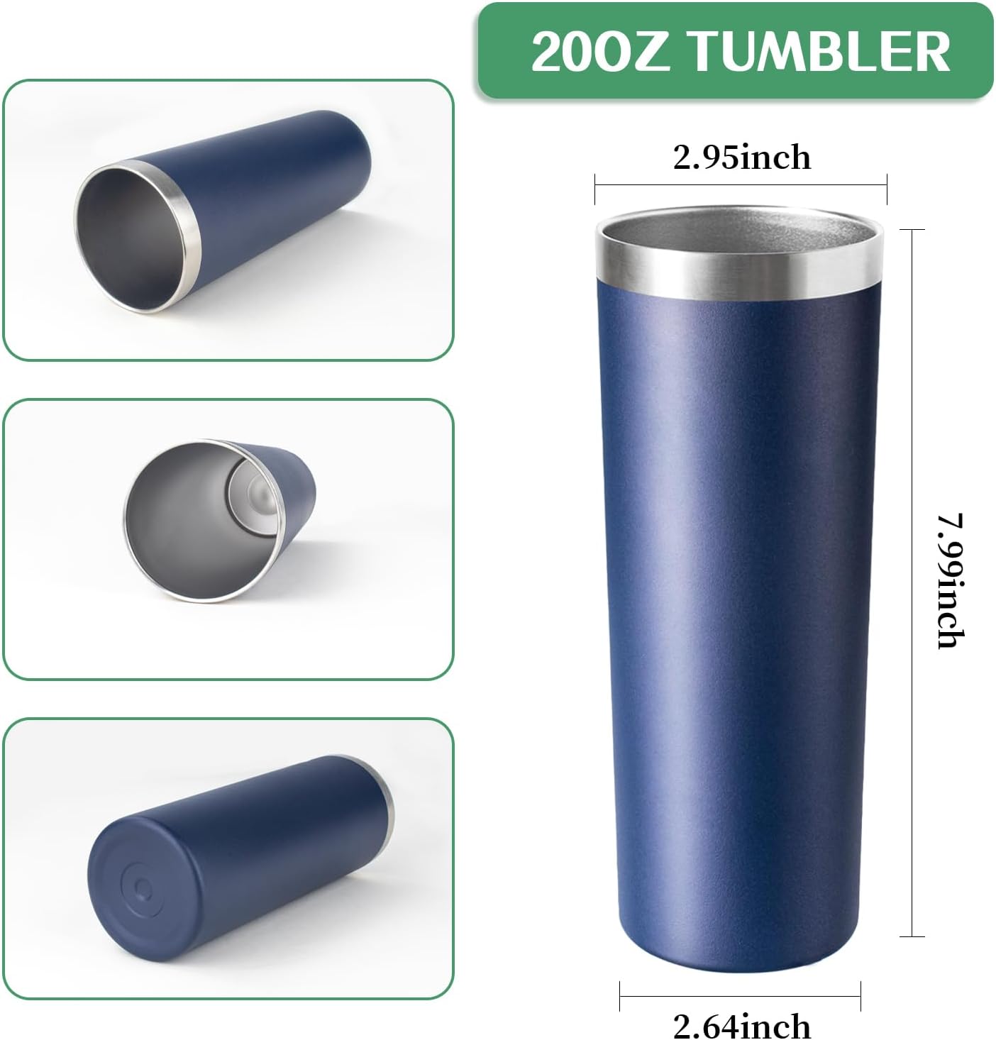 20 oz Skinny Tumbler with Lid and Straw,Stainless Steel Vacuum Insulated Tumbler Cup Double Wall Leak-proof Coffee Mug,Travel Thermal Water Tumbler for Office,Outdoor (Black/White/Navy blue/Grey)