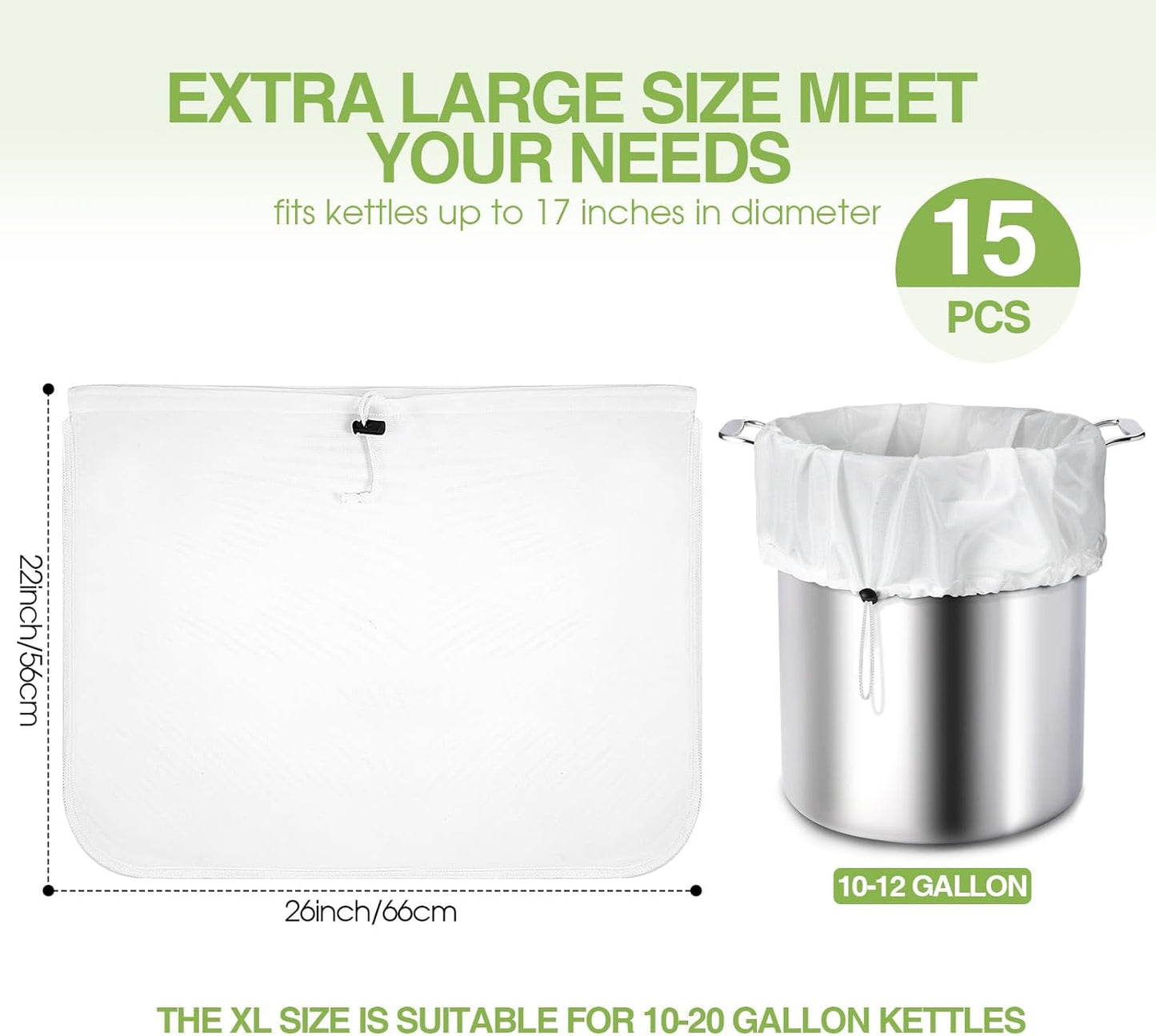 Chumia 15 Pack Brew Bags Reusable Extra Large 26 x 22'' Fine Mesh Strainer Cold Brew Filters Drawstring Cheese Cloth Straining Bags Wine Making Supplies for Fruit Cider Beer