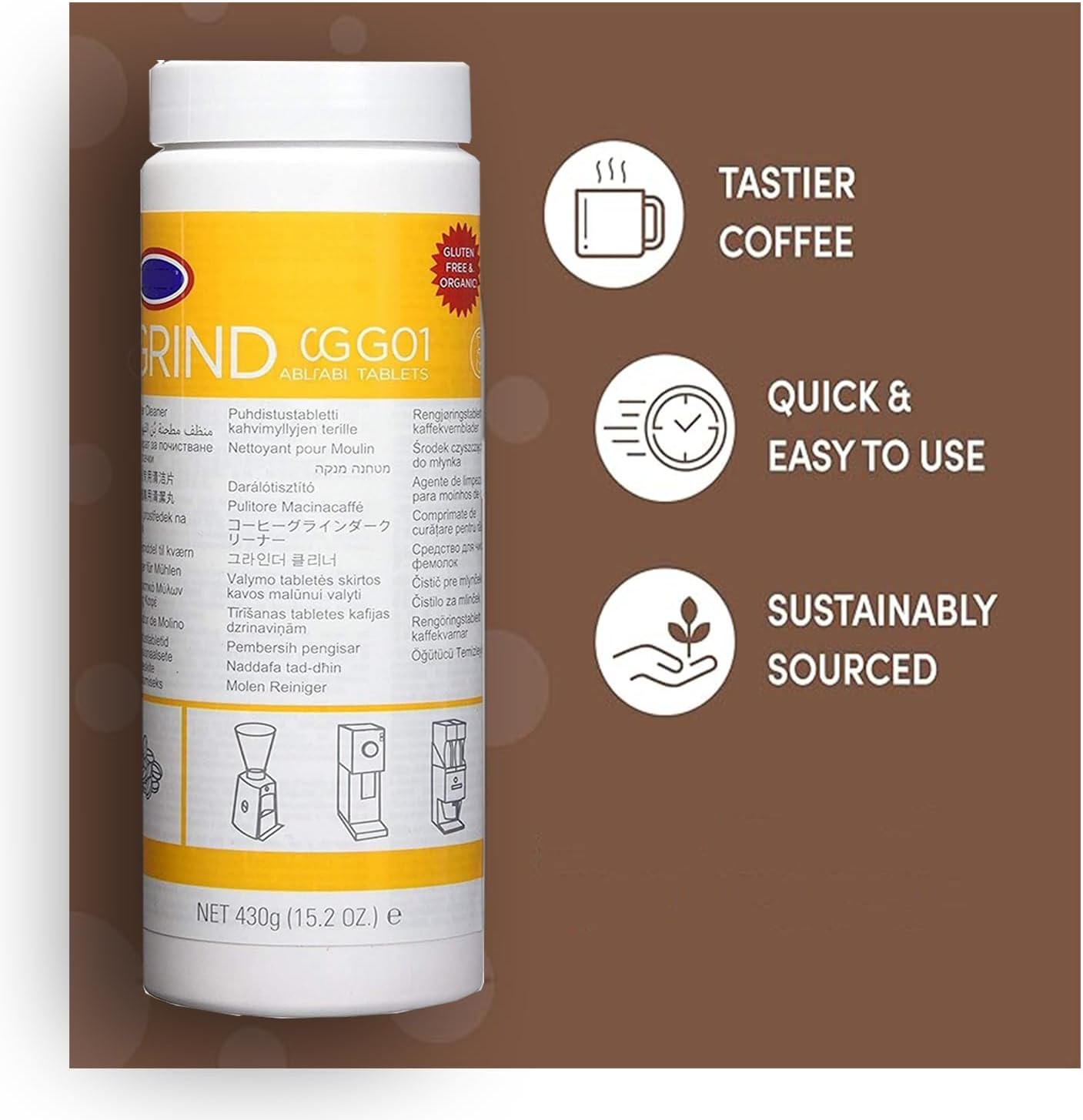 Coffee Grinder Cleaning Tablets, Safe Gluten-Free Formula, 430g, for Commercial and Home Espresso Machines