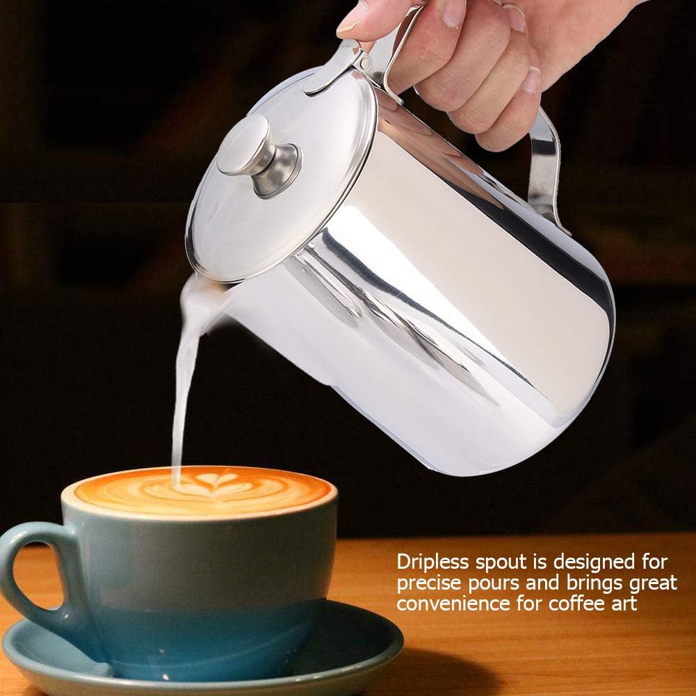 Commercial Grade Stainless Steel Coffee Steaming Pitcher Milk Frothing Cup Jug with Lid (350mL)