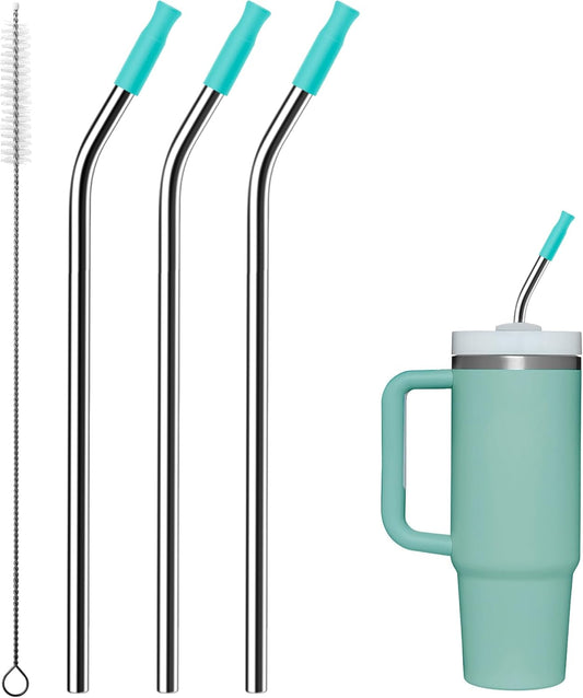 Reusable Stainless Steel Straws with Silicone Tip for Stanley 30oz, Metal Drinking Straws for 30oz Tumbler,3 Bent Tubes & 6 Tips& 1 Cleanr Brush (Jade)