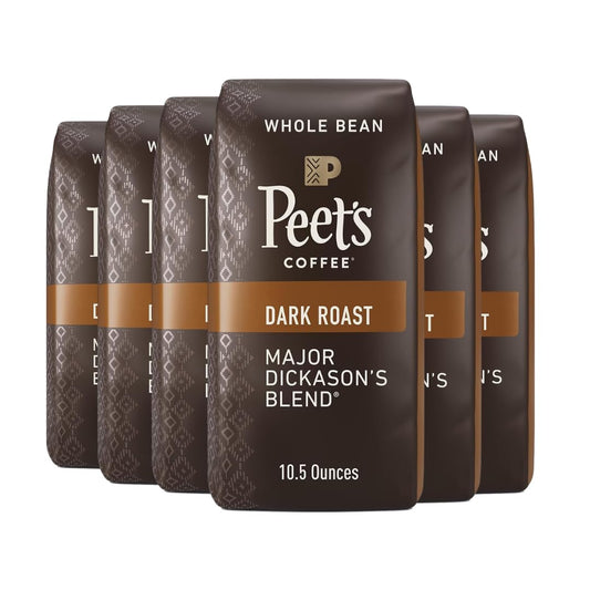Peet's Coffee, Dark Roast Whole Bean Coffee - Major Dickason's Blend 63 Ounces (6 Bags of 10.5 Ounces)