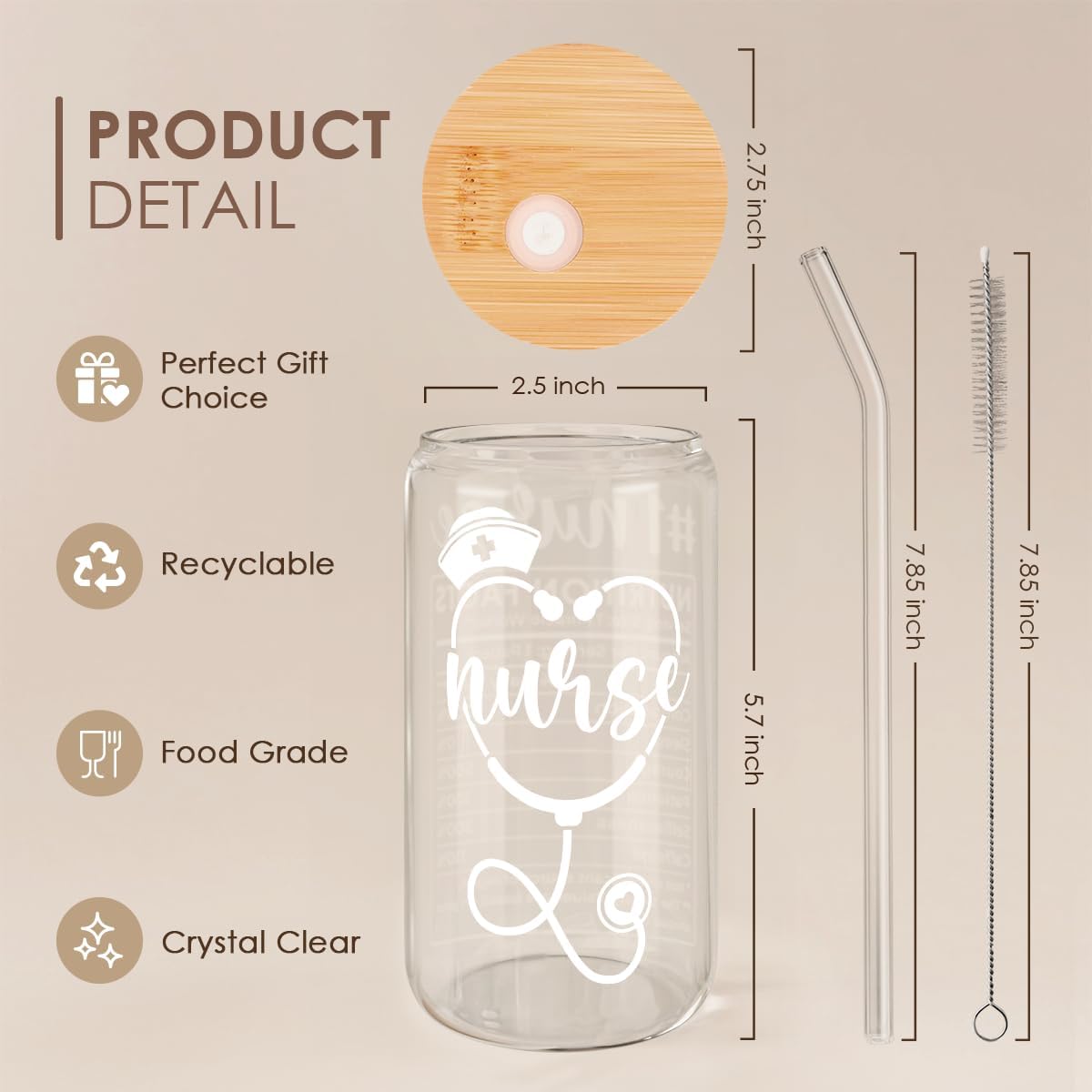 SANDJEST Nurse Glass Can, Nutrition Facts Cup with Lid & Straw, Iced Coffee Aesthetic Cups, Idea Gift for Christmas Birthday Nurse Week, Gifts for Women, 16oz