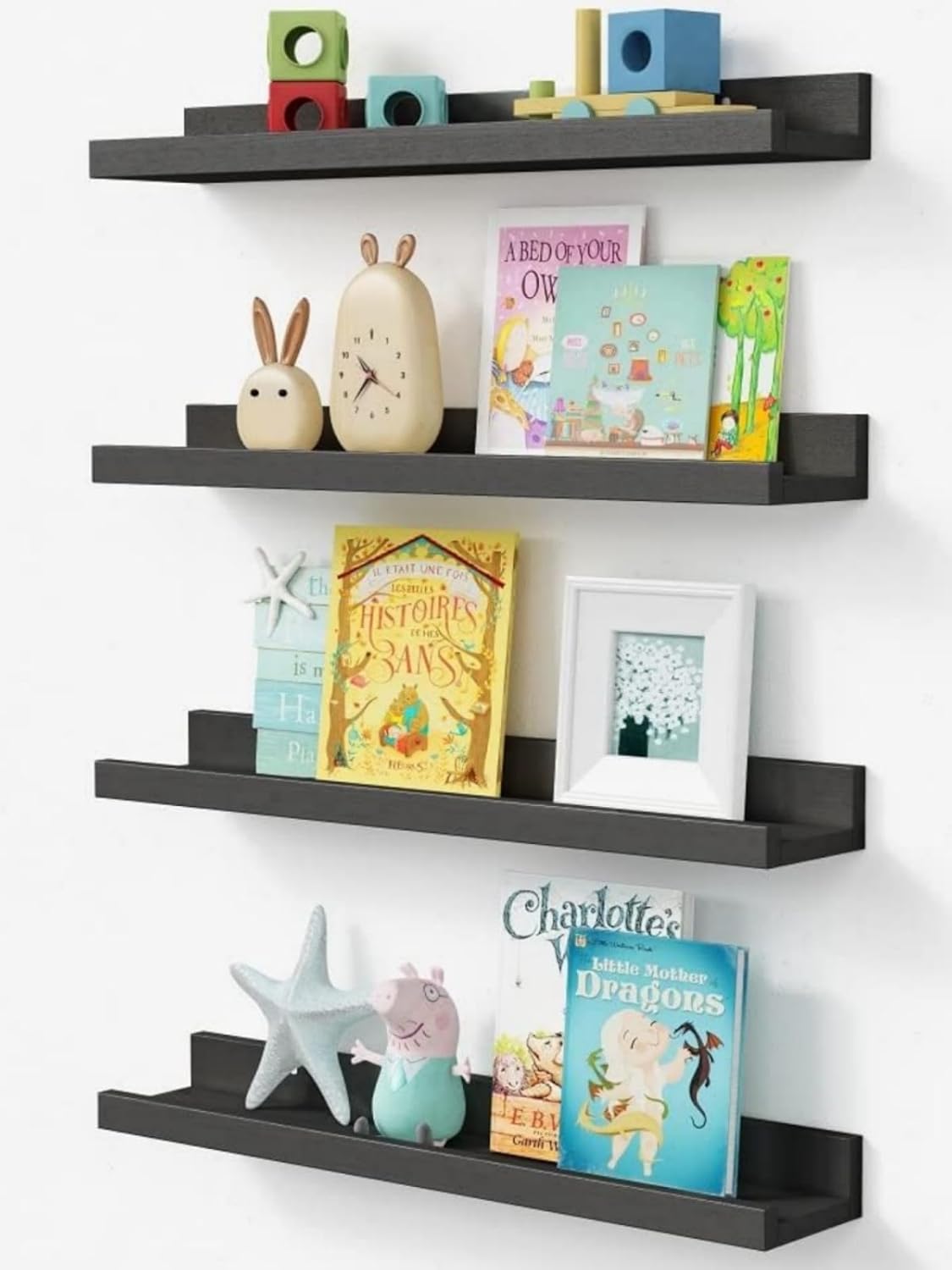 Forbena 24 Inch Long Picture Ledge Shelf Set of 4, Black Wood Floating Shelves with Lip for Wall, Rustic Display Shelves for Living Room Bedroom Bathroom Office Photo Frames Plants Books Art Decor