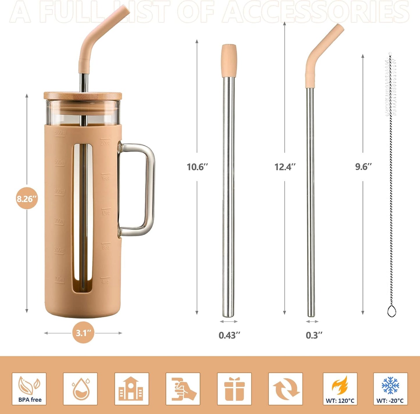 Kodrine Glass Tumbler with Lid and Straw, 20 oz Glass Coffee Tumbler with Handle, Smoothie Cup with Bamboo Lid, Time Marker, Silicone Sleeve, Reusable Iced Coffee Cup BPA Free - Amber Purple