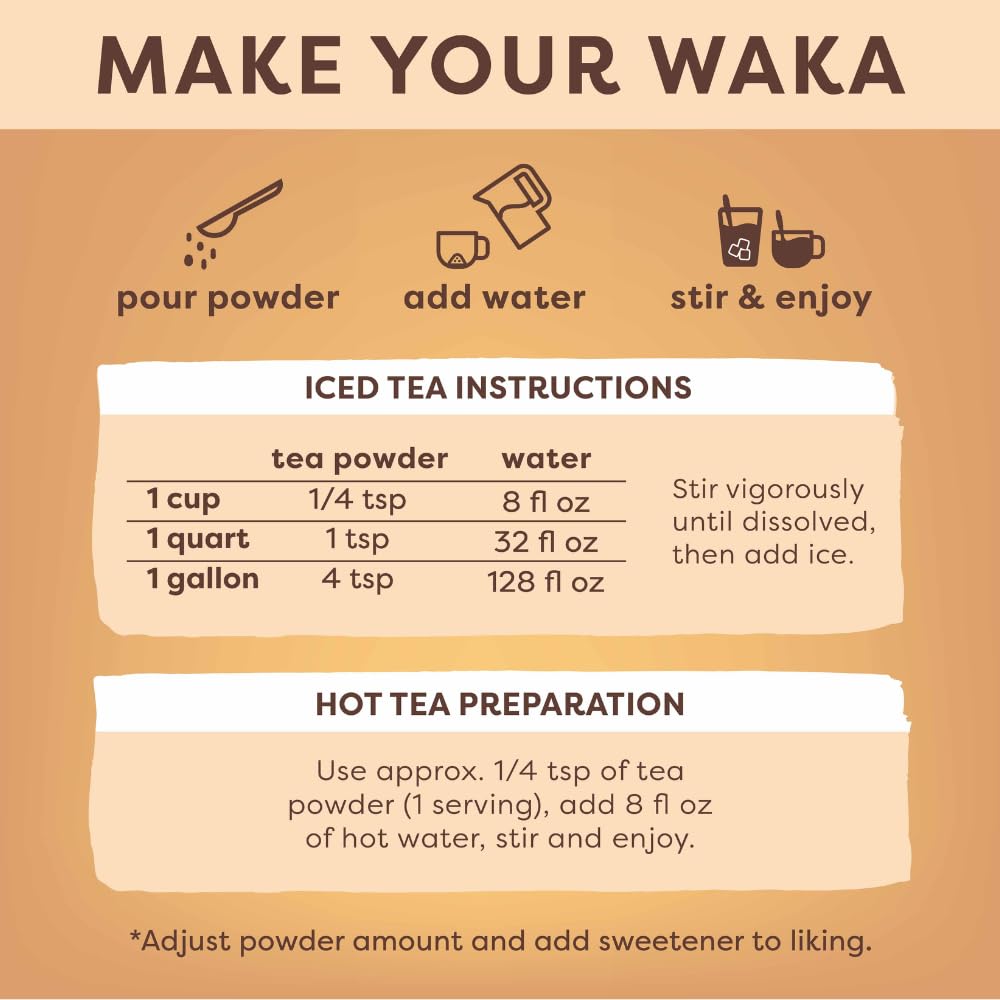 Waka Instant Black Tea Mix, Peach Flavored - 100% Tea Leaves, No Additives, Unsweetened Tea Powder for 50 Quarts or 200 Cups – Easy and Quick Hot or Iced Teas (4.5oz)