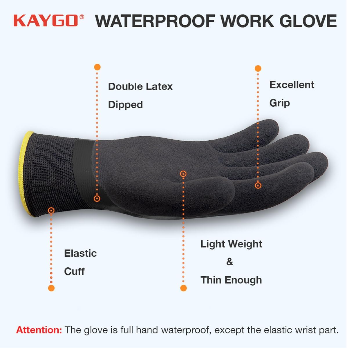 KAYGO Waterproof Work Gloves for Men and Women, Rubber Coated Non-slip Working Gloves for Garden, Outdoor Construction,KG150,Black,M