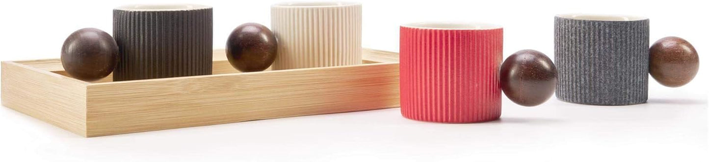 Ceramic Mini Espresso Cups Demitasse Cups with Round Wooden Handle Vertical Stripes Tea Cups (black, 2pcs)