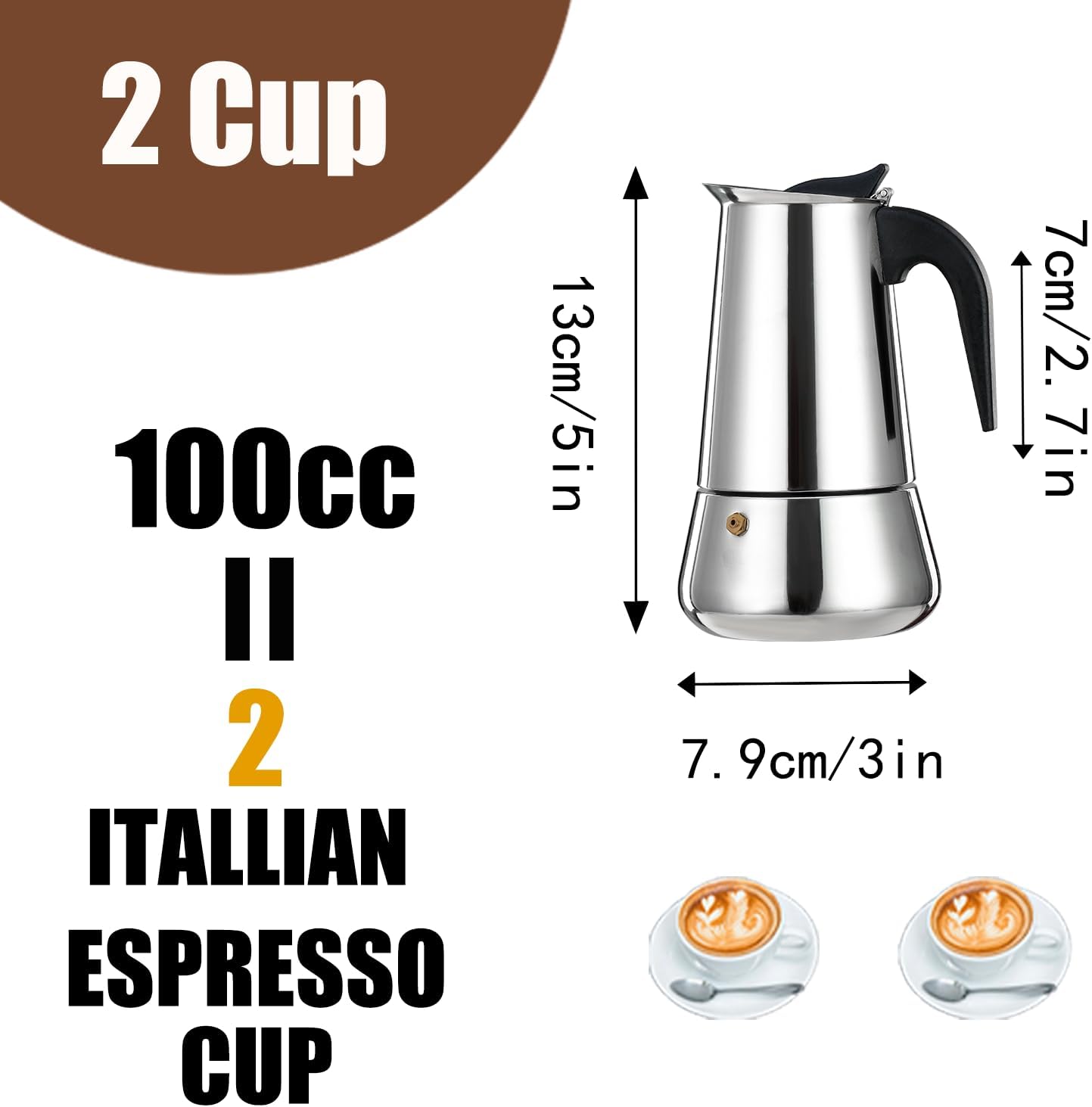 2 Cup Stovetop Espresso Maker Stainless Steel Moka Pot Stove Top Percolator Italian Coffee Makers Capable Mocha Greca Machine Cafe Classic Induction Cookers for Home and Camping 100ml 3.3oz