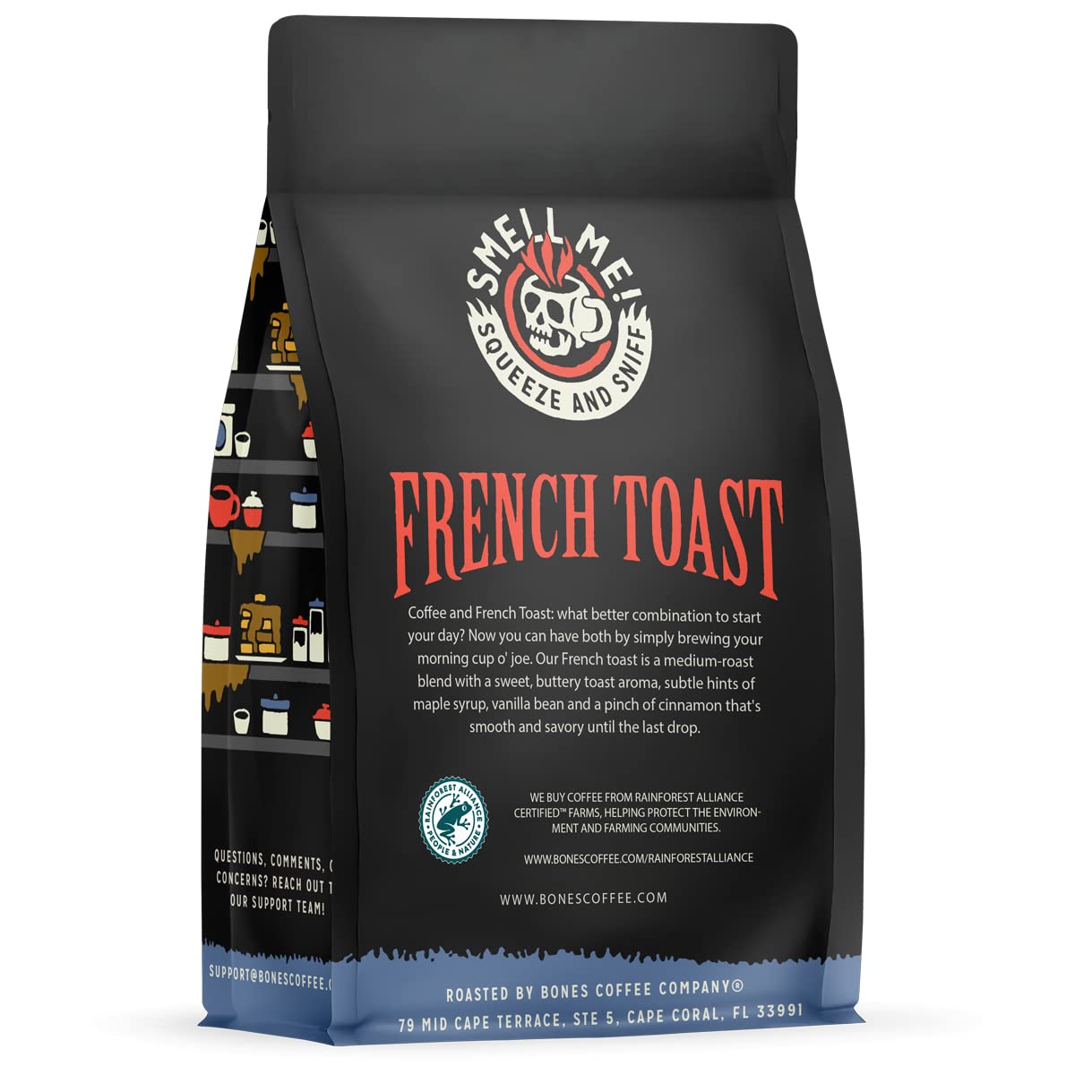 Bones Coffee Company French Toast, Sweet and Buttery Flavored Coffee, Medium Roast Low Acid Arabica Beans Compatible with Auto drip and French Press Coffee Maker, 12 Oz Ground