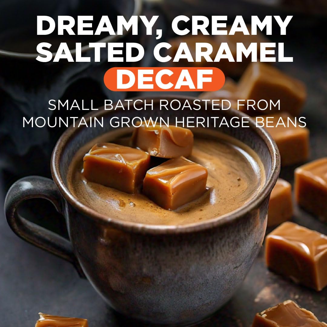 Maud's Decaf Salted Caramel Flavored Coffee Pods, 18 ct, Decaffeinated Medium Roast Flavored Coffee in Recyclable Single Serve Pods – 100% Arabica Beans, Compatible with Keurig K Cups Maker