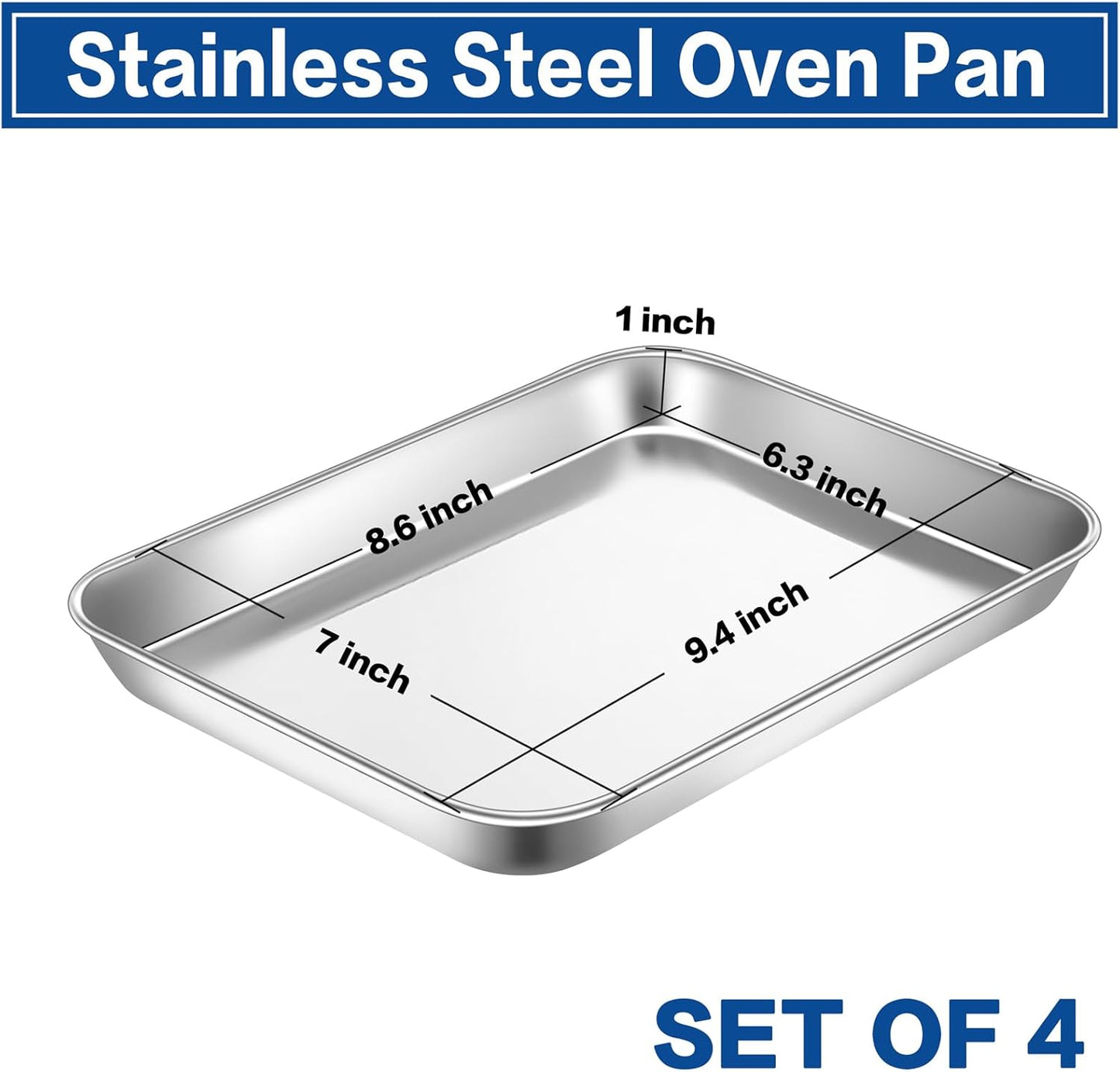 P&P CHEF 9 Inch Baking Cookie Sheet, Oven Pan Tray Stainless Steel Sheet Pan for Kitchen, Oven Bakeware for Multi Uses, Shiny Look & Dishwasher Safe, Healthy & Heavy Duty, 4Pcs