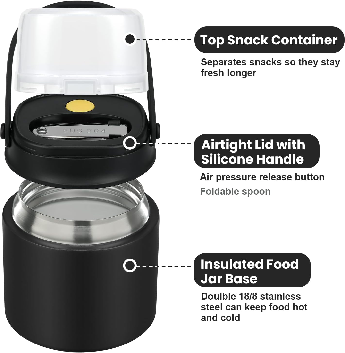 2-in-1 Insulated Food Jar & Snack Container - 15oz Kids Soup Thermos for Hot Food with Handle and Spoon, Leak Proof Reusable Toddler Snack Box, Perfect for School & Travel, Black