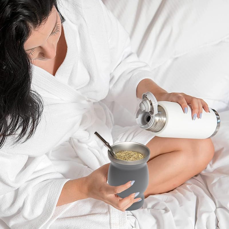 Beruth Bombilla Yerba Mate Gourd, 8oz Stainless Steel Tea Cup Set with a Multifunctional Lid, Two Straws and Cleaning Brushes, Double Walled Coffee Mug Heat Insulation Anti Scalding （Starry Sky Grey）