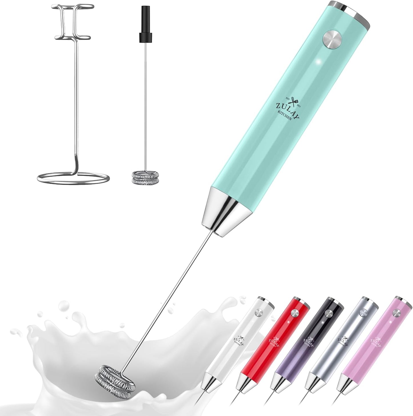 Zulay Kitchen Lux Rechargeable Milk Frother Handheld - Powerful 2-Speed Motor, Fully Waterproof, 2000mAh Battery - Drink Mixer For Latte, Cappuccino, Matcha, Protein Powder - Sky Blue