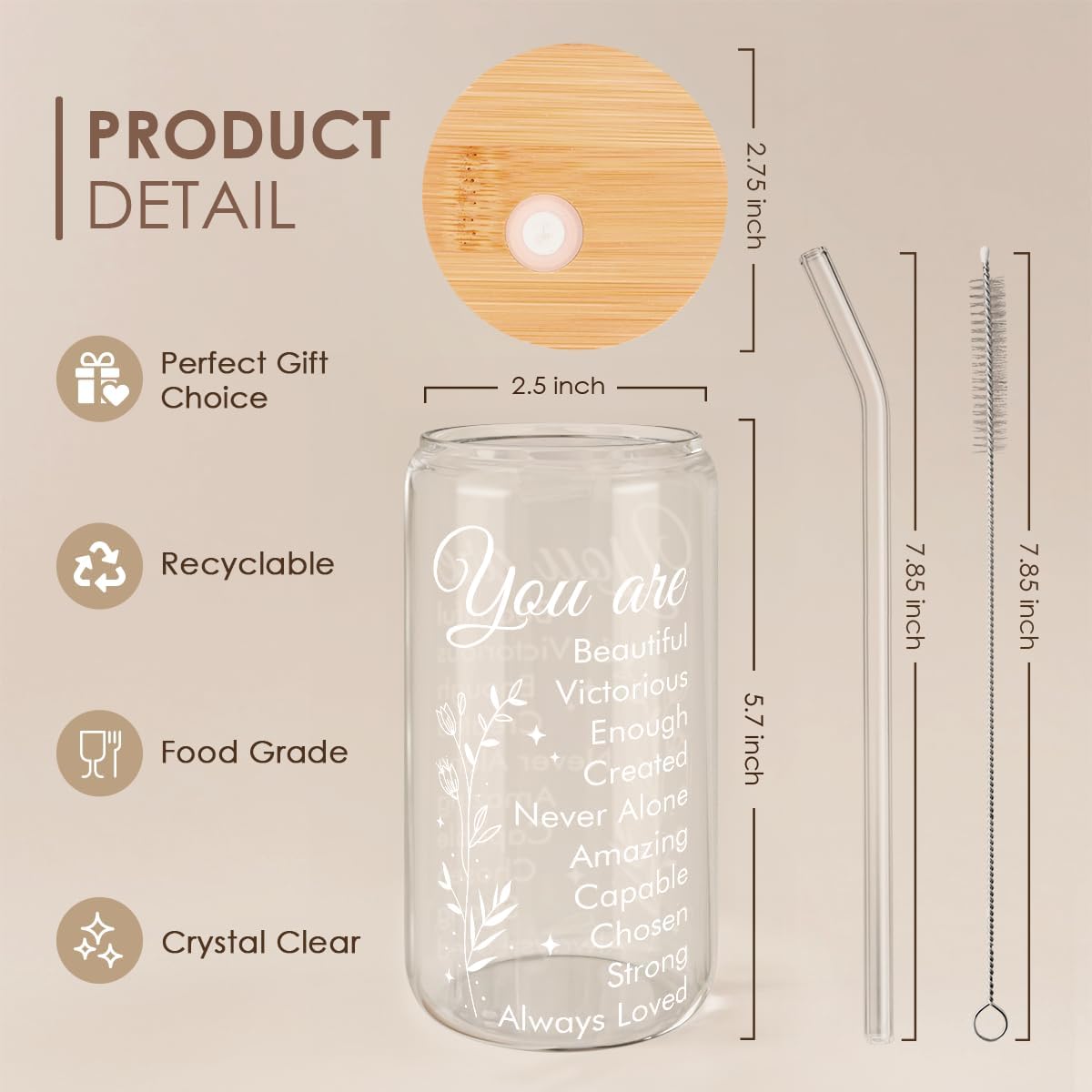 SANDJEST Inspiration Glass Can, Positive Motivational Cup with Lid & Straw, Iced Coffee Aesthetic Cups, Idea Gift for Christmas Birthday Mother Day, Gifts for Women, 16oz