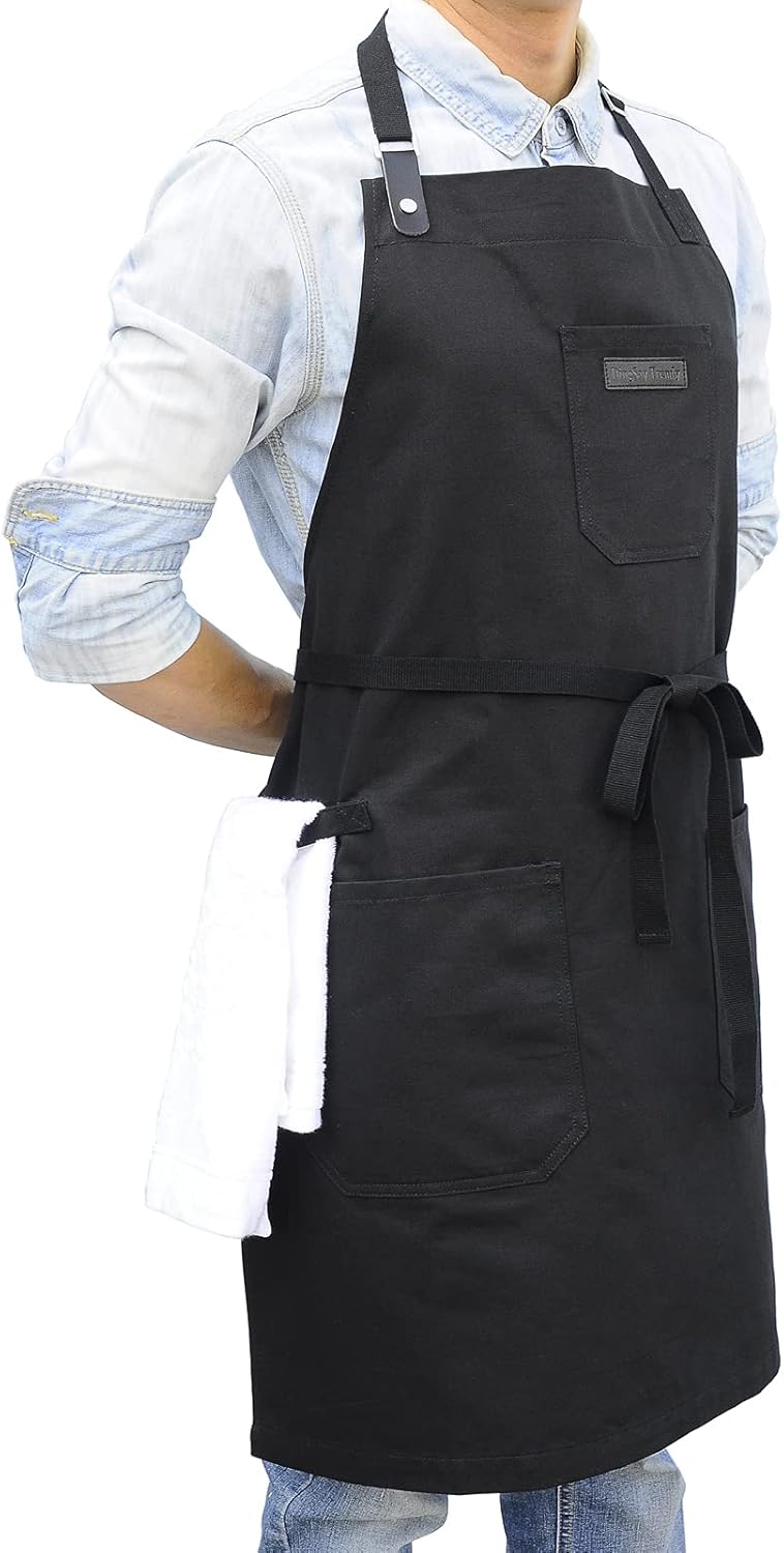 Black Cotton Kitchen Apron, Mens Womens Professional Cooking Bib Apron for Chef Grill BBQ, with Pockets Towel Loop and Adjustable Neck Strap