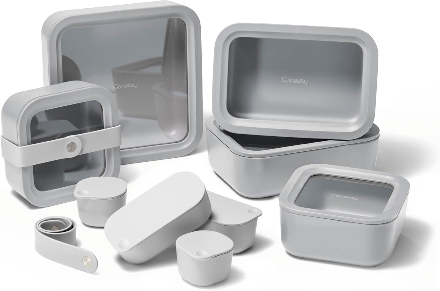 Caraway 14pc Glass Food Storage Container Set - Easy to Store, Non Toxic Lunch Box - with Glass Lids - Includes Storage Organizer & Dot & Dash Inserts - Gray